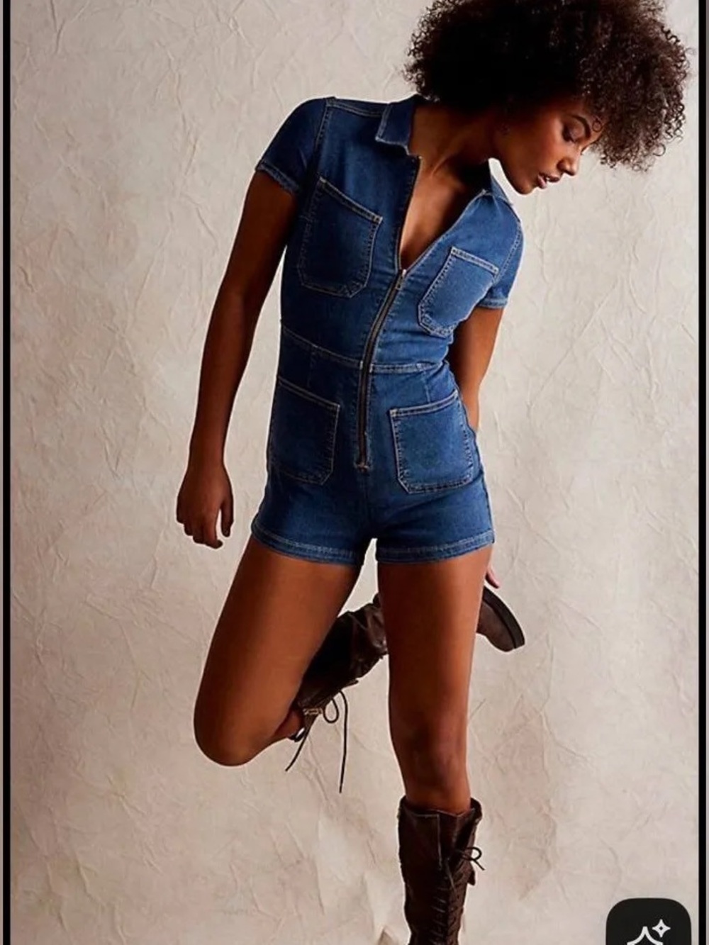 Free People CRVY 10 Lennox Short suit Denim Short Sleeve Zip-Front Romper EUC